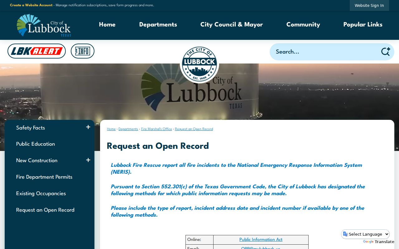 Lubbock County residents directory City open-records request route