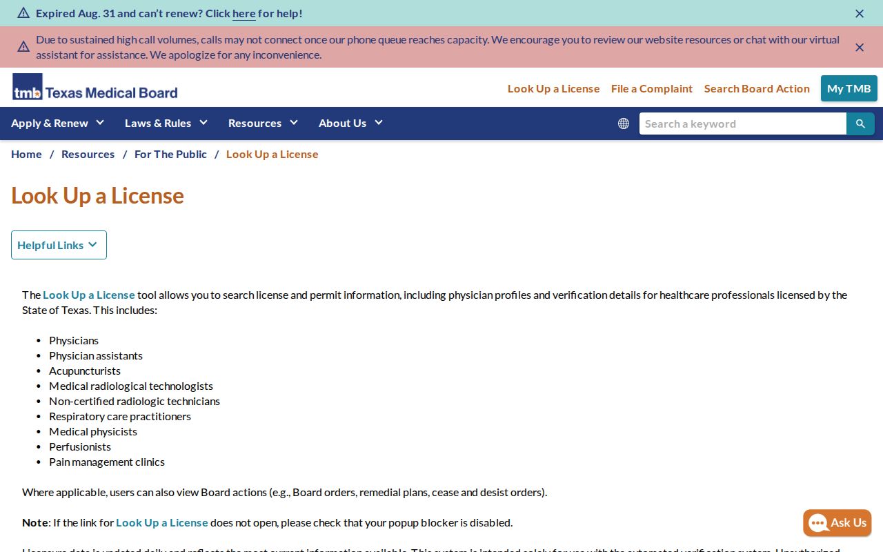 Lubbock County resident lookup Texas Medical Board license search