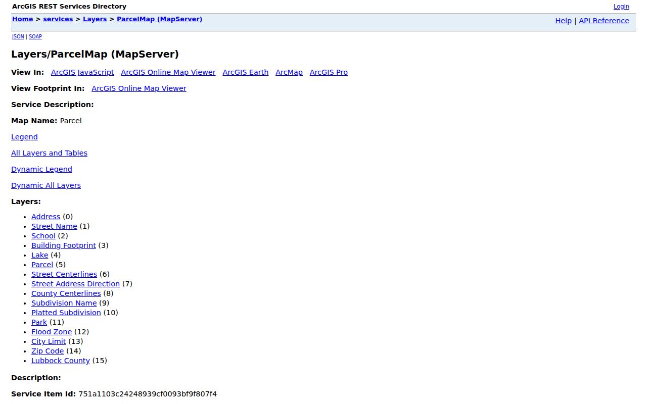 Lubbock County street directory City ParcelMap layer inventory