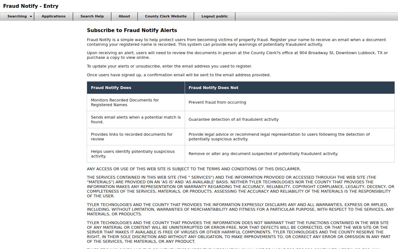 Lubbock County street directory Fraud Guard recording alert signup